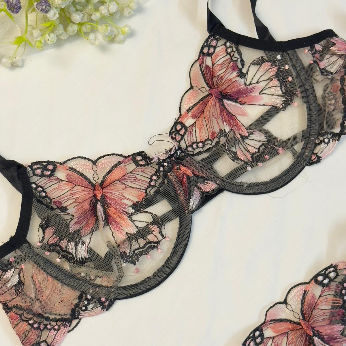 Coral Butterfly Bow Tie Net Bra Set