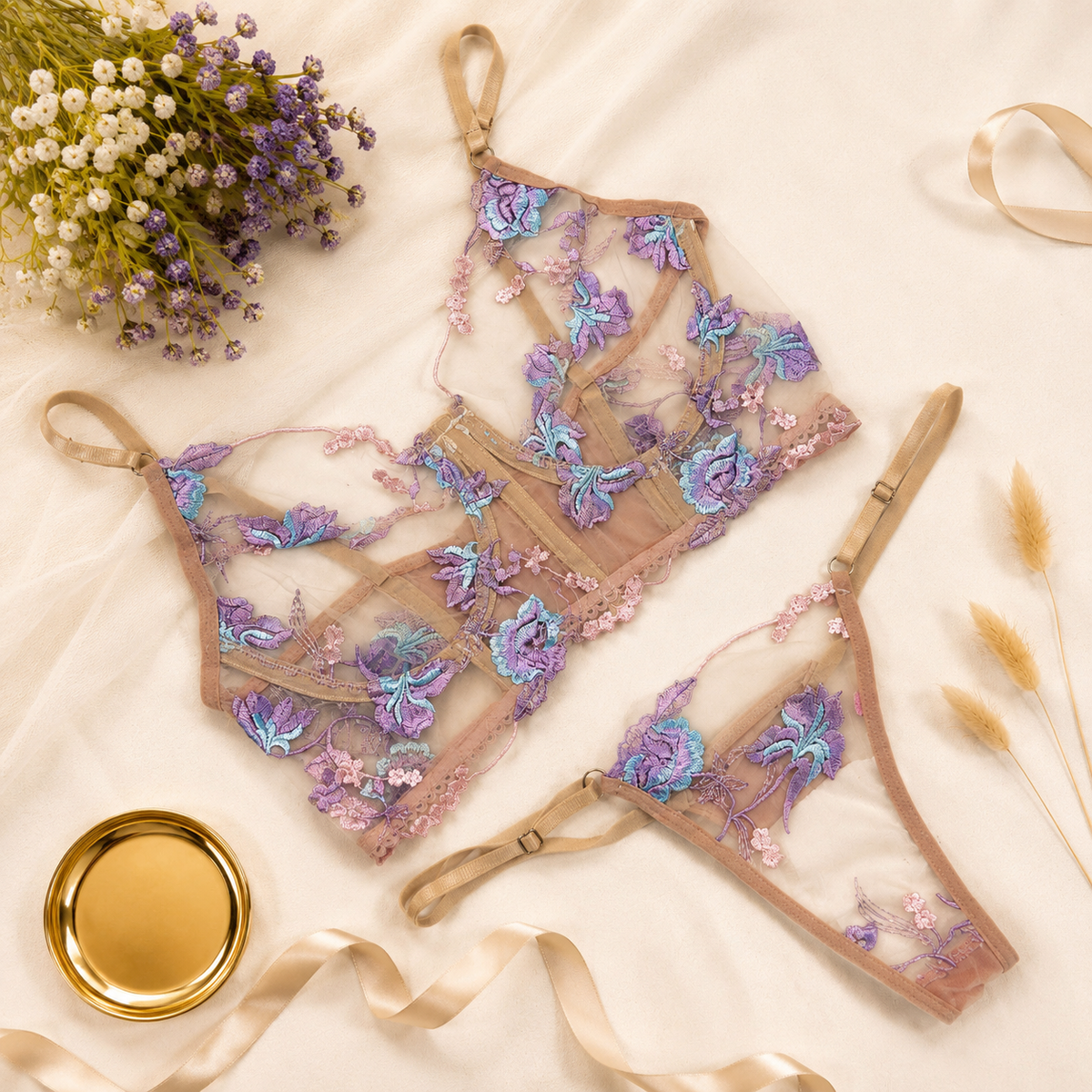 Net Embroidered Corset Set