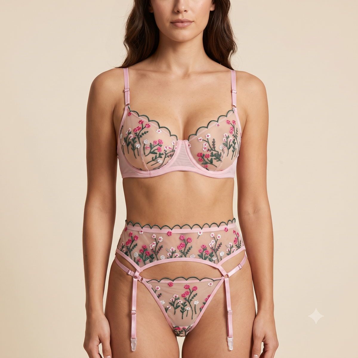 Floral Net Embroidered 4 piece Garter Set