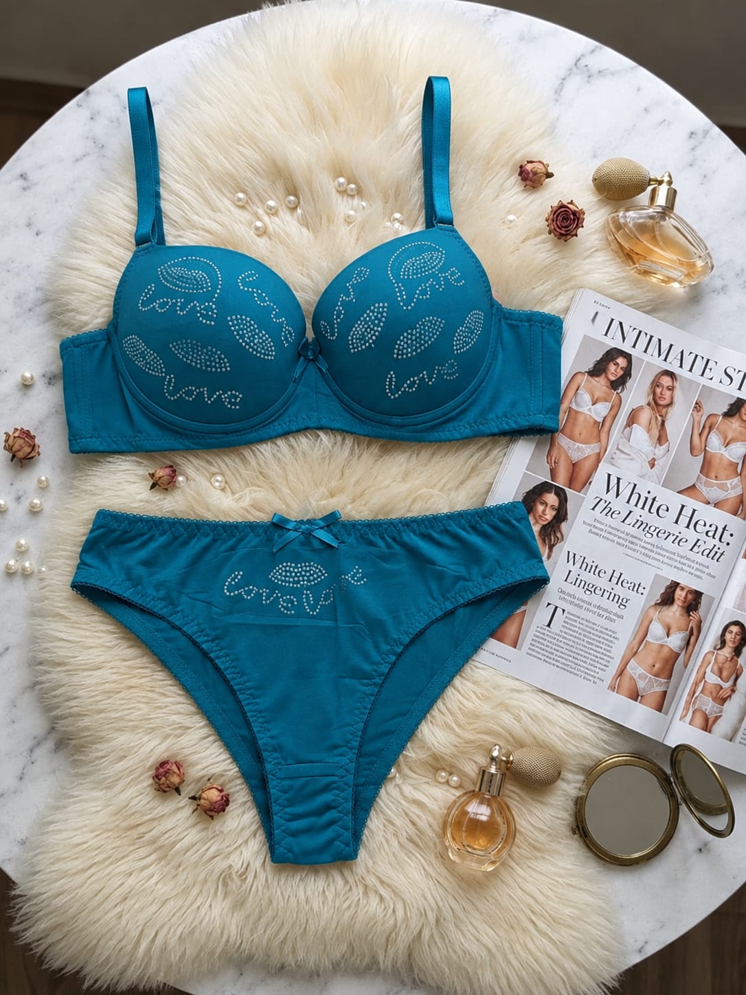 Love Rhinestone Push-Up Bra Set with Sparkling Lip Detail | Naya Attire