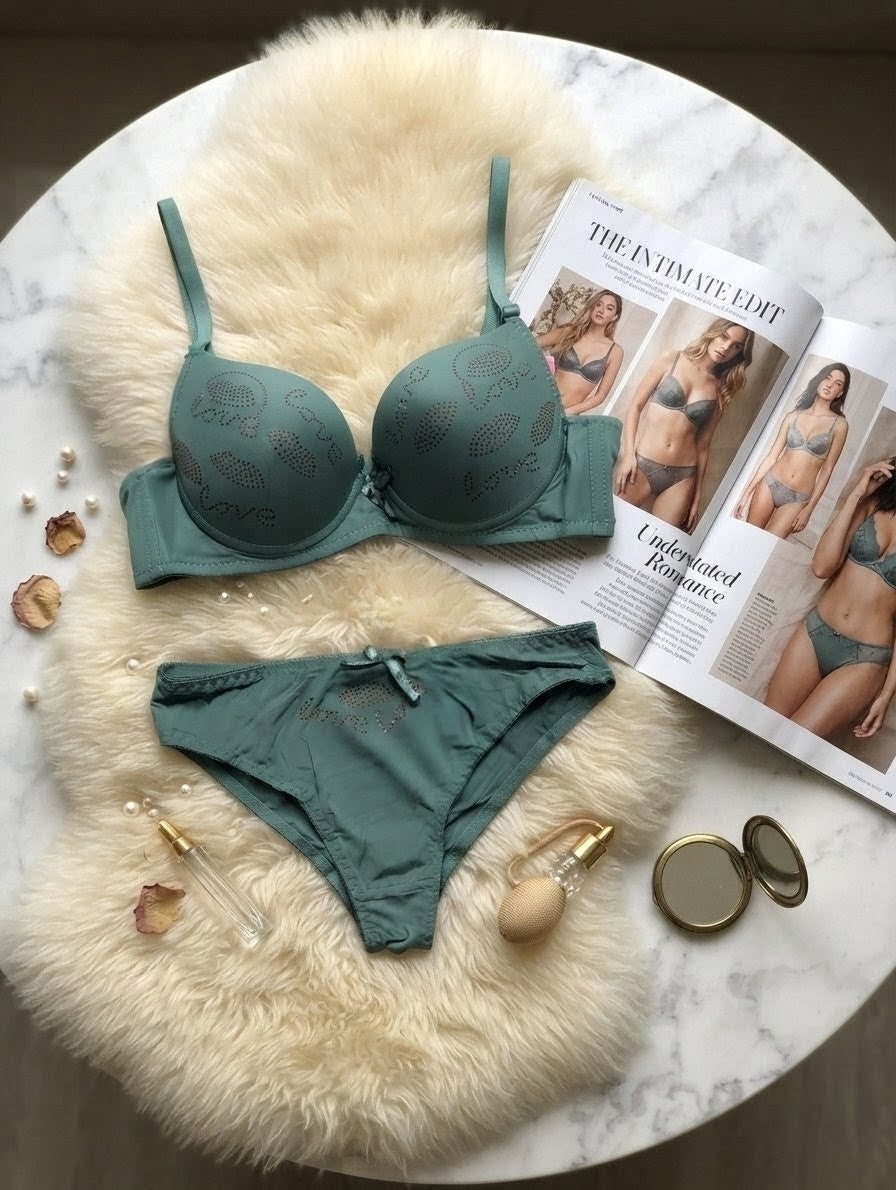 Love Rhinestone Push-Up Bra Set with Sparkling Lip Detail | Naya Attire
