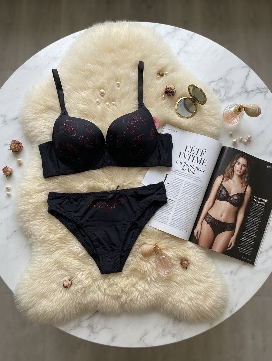 Love Rhinestone Push-Up Bra Set with Sparkling Lip Detail | Naya Attire
