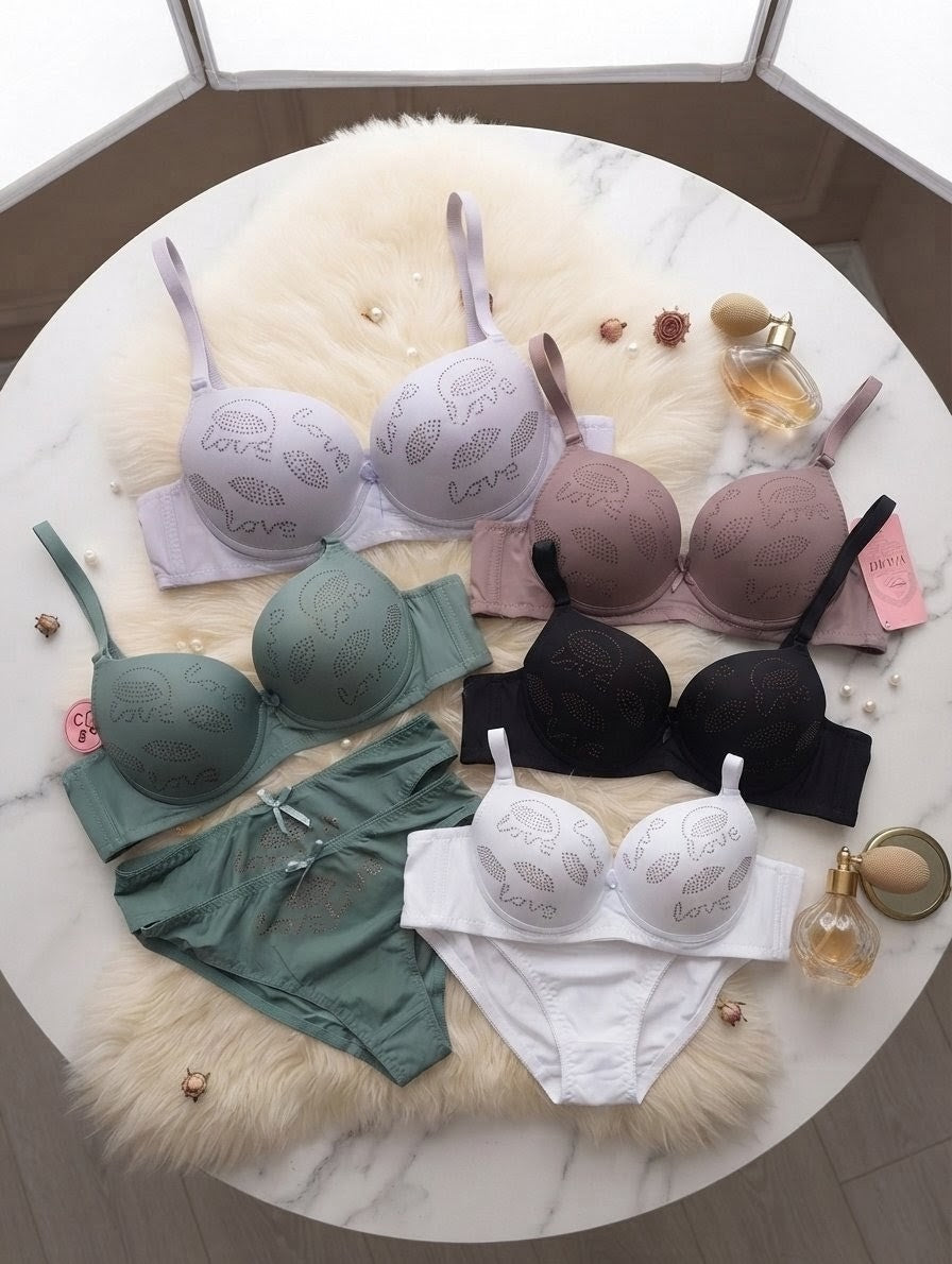 Love Rhinestone Push-Up Bra Set with Sparkling Lip Detail | Naya Attire