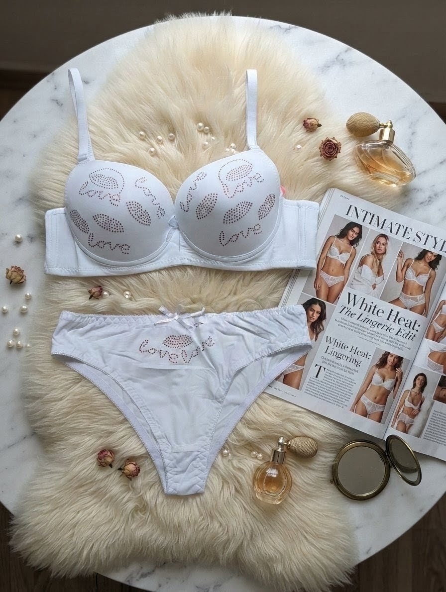 Love Rhinestone Push-Up Bra Set with Sparkling Lip Detail | Naya Attire