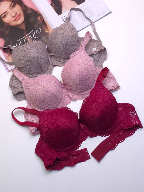 Bridal Double Padded Push-Up Lace Bra (Pack of 3)