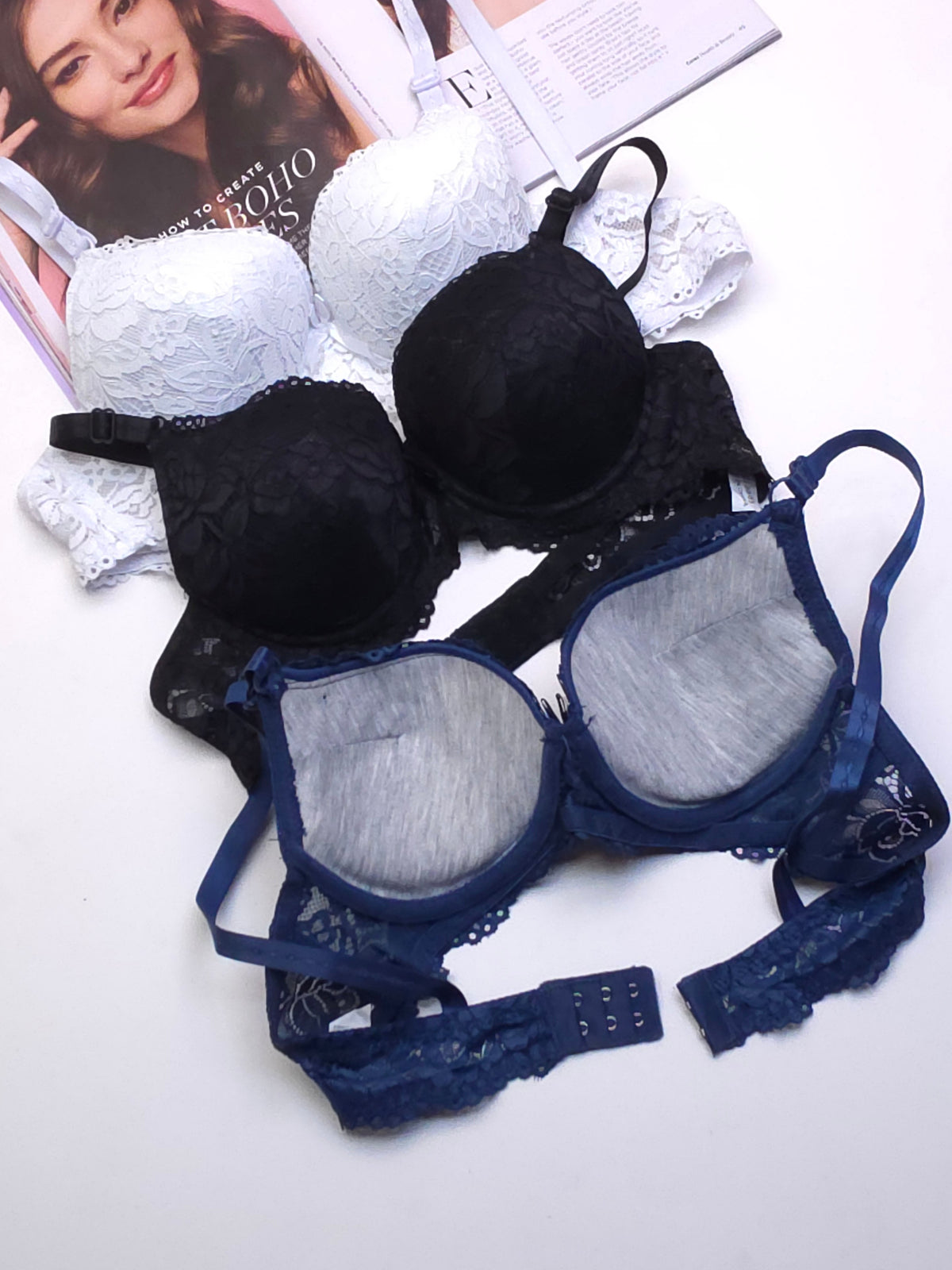 Bridal Double Padded Push-Up Lace Bra (Pack of 3)