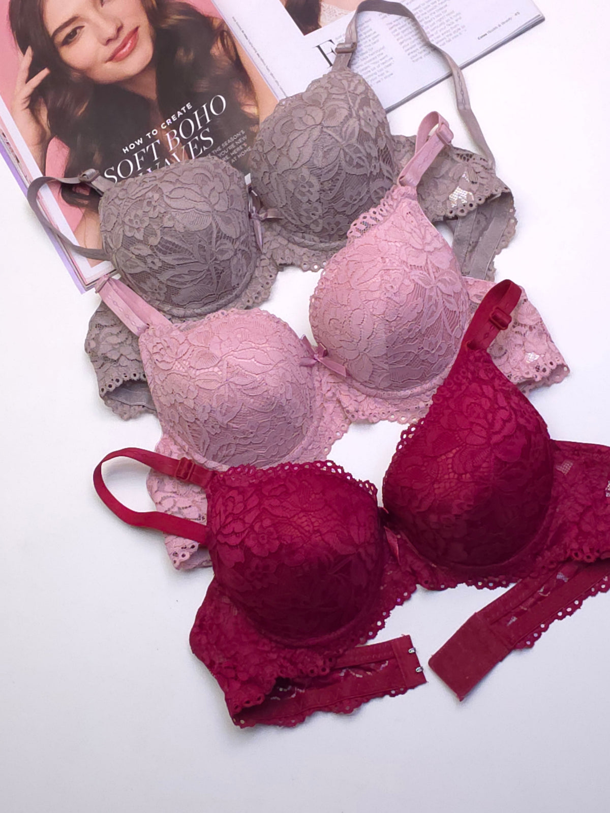 Bridal Double Padded Push-Up Lace Bra (Pack of 3)